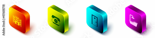 Set Isometric Hotel building, Telephone handset, door and Bathtub icon. Vector