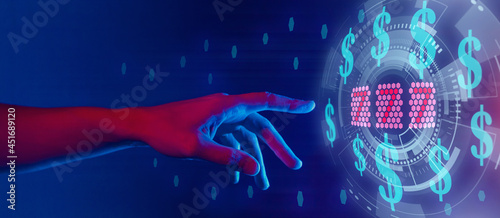 online casino and gambling concept, hand touching shining sign 777 and dollars symbols, blue horizontal neon banner