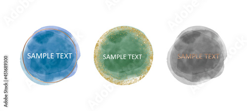 Blue, green and black round brush stroke watercolor splashes
