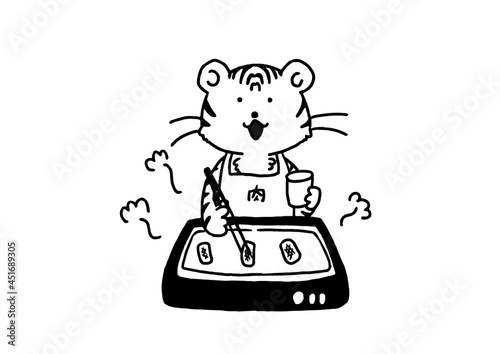 ホットプレートで焼き肉を焼く虎の手描き風イラスト白黒