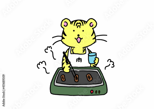 ホットプレートで焼き肉を焼く手描き風のかわいい虎のイラスト