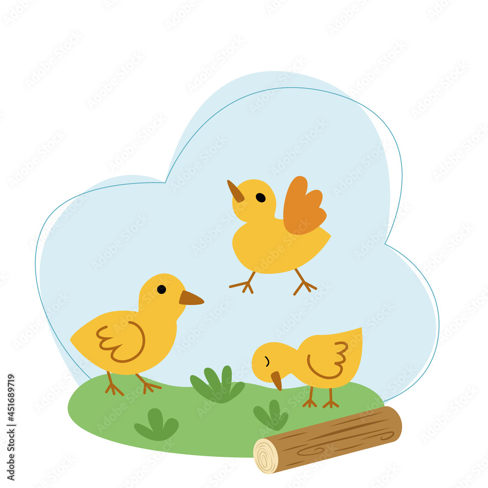 Vector illustration with yellow chicks on a background of sky and grass in flat style.
