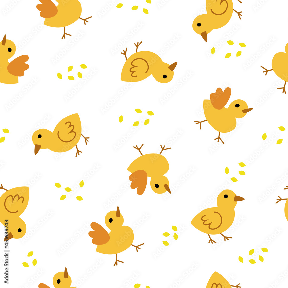 Fototapeta premium Seamless pattern with yellow chickens and grain on a white background. Print, wallpaper, textile, background. Vector flat illustration.
