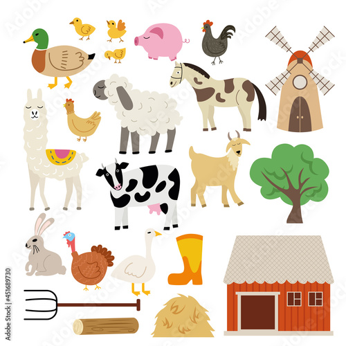 Set of rural animals and farm. Lama, ram, sheep, cow, pig, horse, goat, duck, hare, rabbit, chicken, chickens, rooster, goose, mill, pitchfork, house, haystack, tree