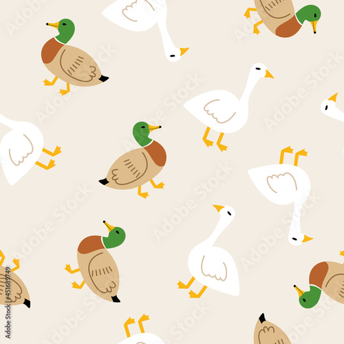 Seamless pattern with goose and duck on a beige background. Wallpaper, textiles, print. Vector flat illustration.