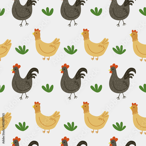Seamless pattern with chicken and rooster on a gray background. Wallpaper, textiles, print. Vector flat illustration.