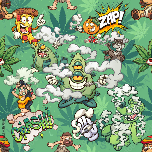 Seamless green cartoon marijuana pattern. Vector clip art illustration with simple gradients. All on a single layer. 