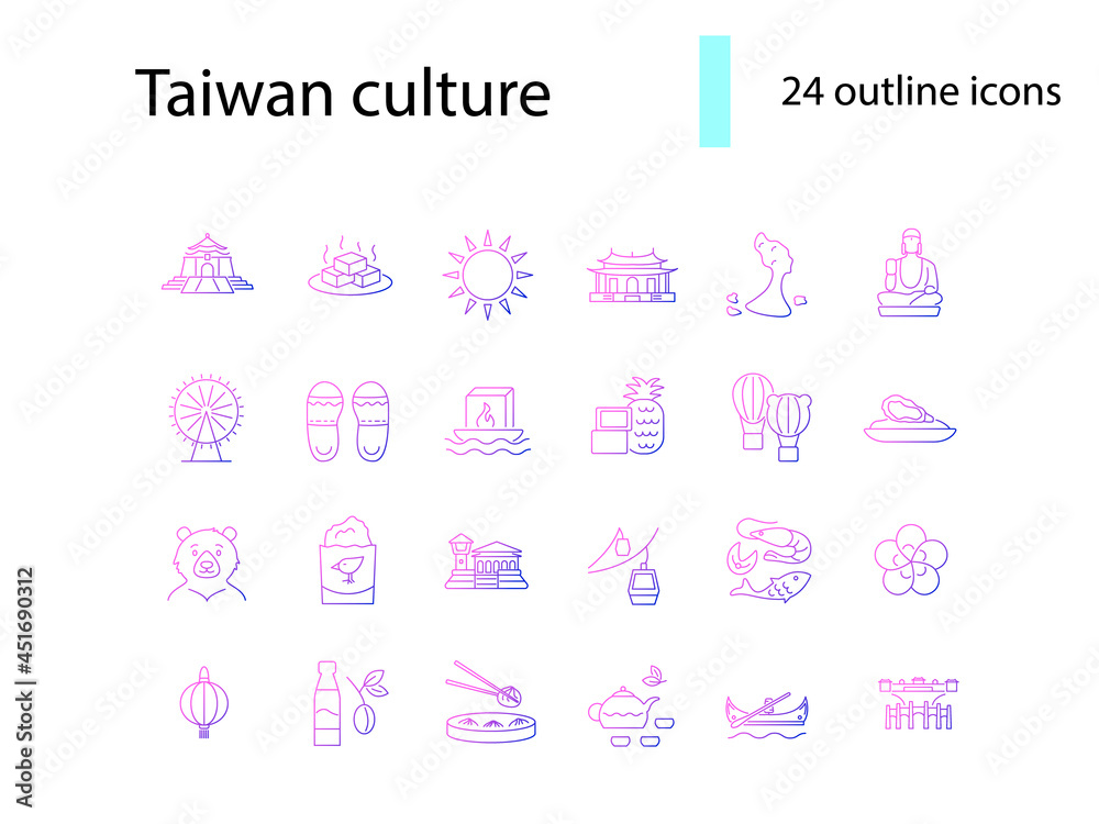 Taiwanese culture outline icons set. Oriental specialty. Elements for travel guide. Isolated vector illustration Taiwanese culture outline icons set. Oriental specialty. Elements for travel guide. Isolated vector illustration