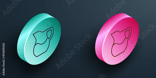 Isometric line Jug glass with milk icon isolated on black background. Kettle for milk. Glass decanter with drinking milk. Turquoise and pink circle button. Vector