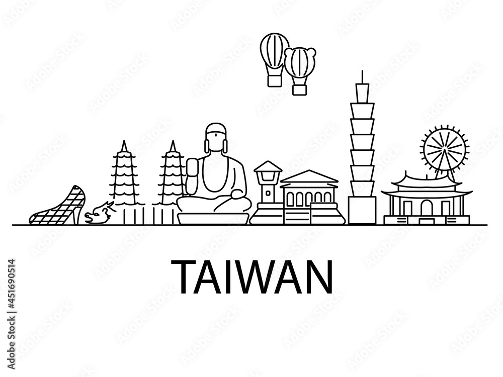 Taiwan country banner. National attractions. Outline cityscape. Travel postcard. Isolated vector illustration
