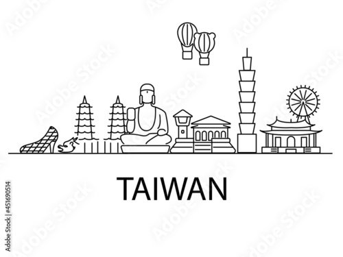 Taiwan country banner. National attractions. Outline cityscape. Travel postcard. Isolated vector illustration