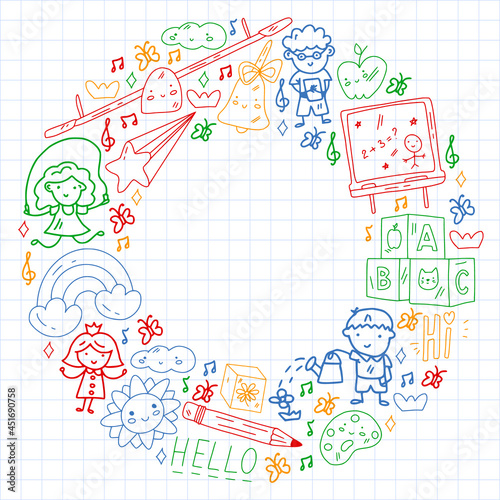 Vector pattern. School and online education. Little boys and girls play and grow together.
