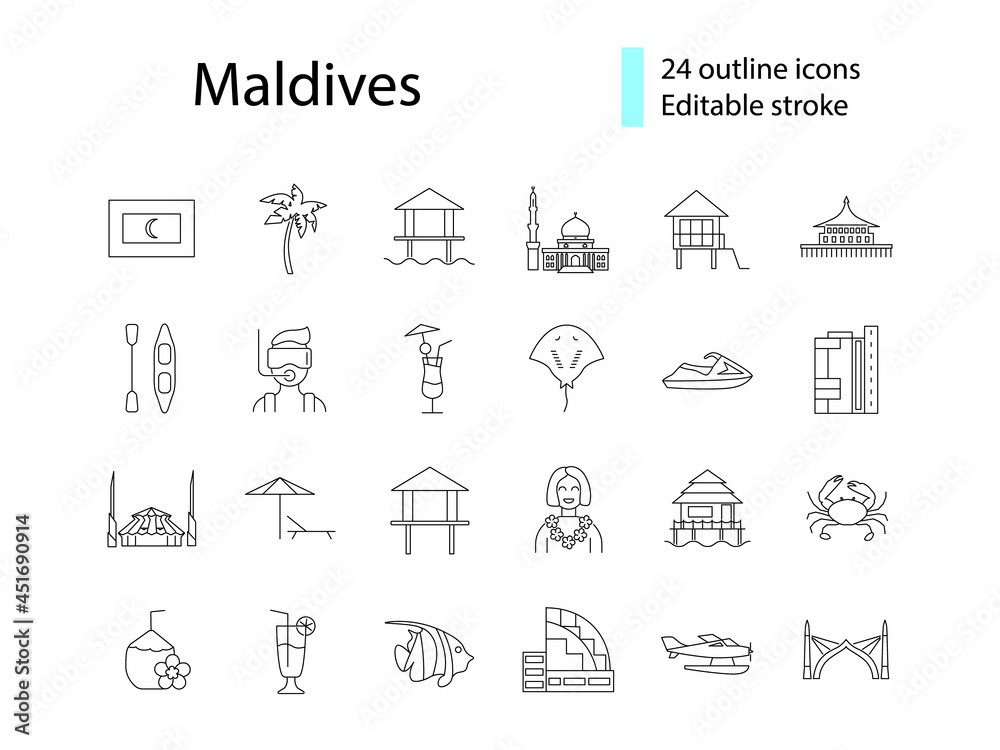 Maldives islands outline icons set. Famous sightseeings. Tropical resort. Editable stroke. Isolated vector illustration Maldives islands outline icons set. Famous sightseeings. Tropical resort. Editable stroke. Isolated vector illustration