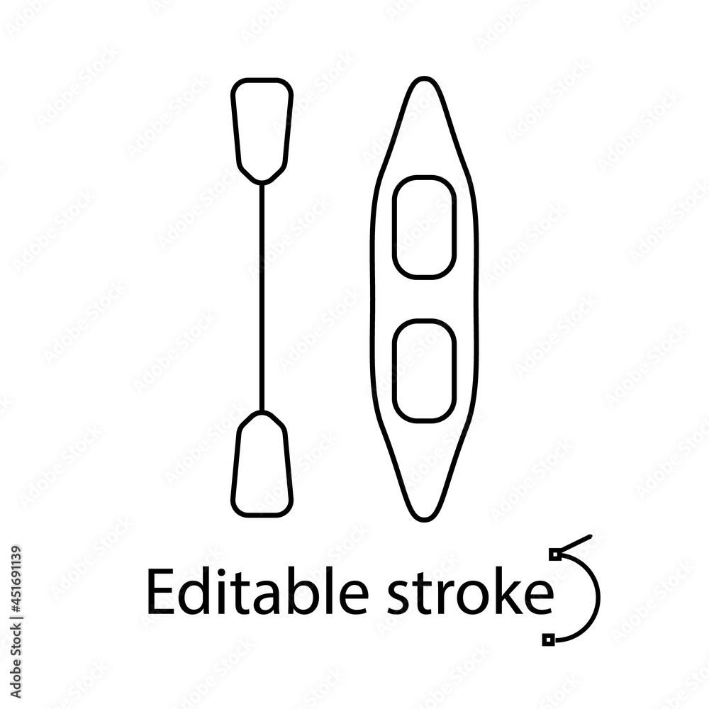 Kayak with paddle outline icon. Maldives entertainment. Exotic vacation. Editable stroke. Isolated vector illustration Kayak with paddle outline icon. Maldives entertainment. Exotic vacation. Editable stroke. Isolated vector illustration