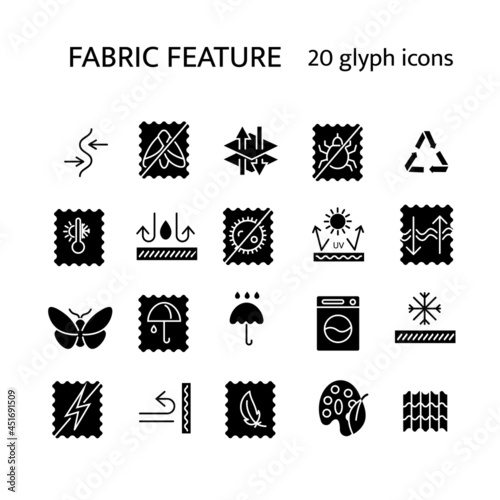 Fabric feature glyph icons set. Stretch textile. Moisture resistant, rain cover. Fiber quality