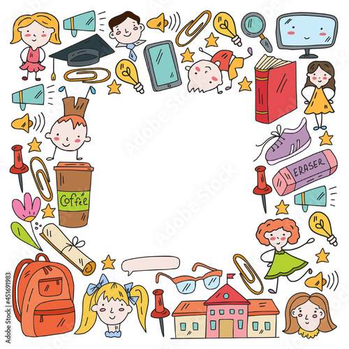 Vector pattern. School and online education. Little boys and girls play and grow together. Online education.