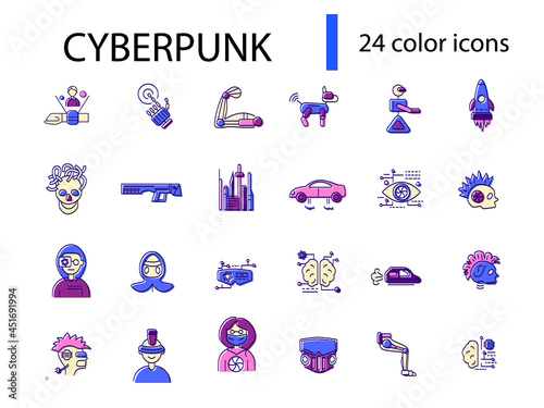 Cyberpunk flat icons set. Future with robot technology. Apocalypse idea. Confrontation between humans and robots