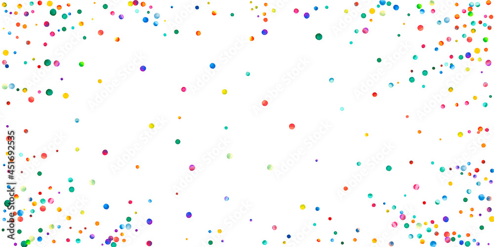 Watercolor confetti on white background. Alive rainbow colored dots. Happy celebration wide colorful bright card. Fetching hand painted confetti.