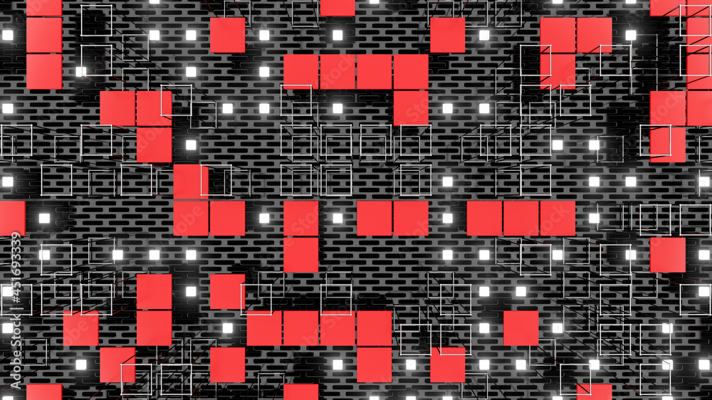 Fototapeta premium Sci Fy Neon Glowing Lamps On Dark Perforated Wall. Abstract Technology Background. 3D Rendering Image.