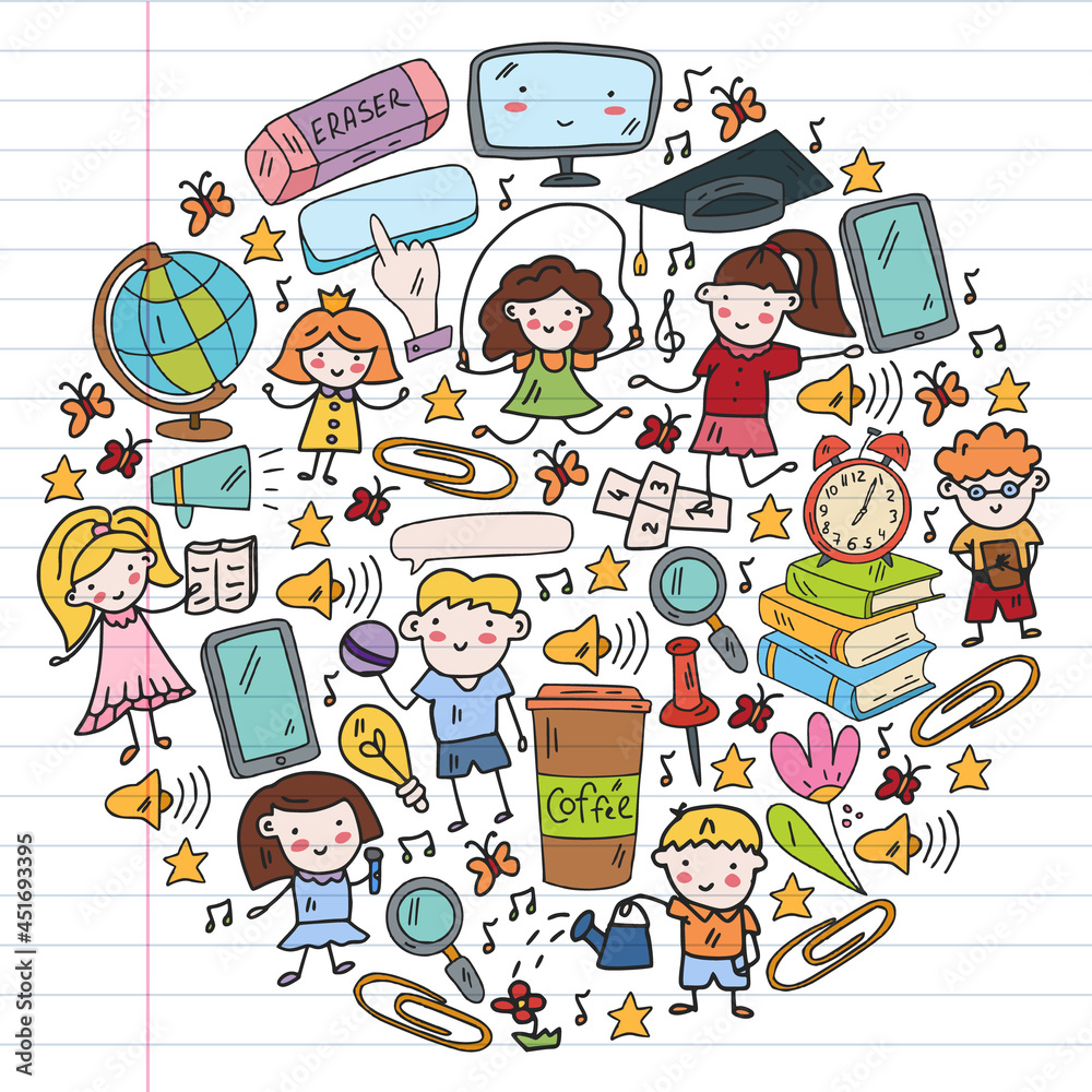 Vector pattern. School and online education. Little boys and girls play and grow together. Online education. Vector pattern. School and online education. Little boys and girls play and grow together. Online education.