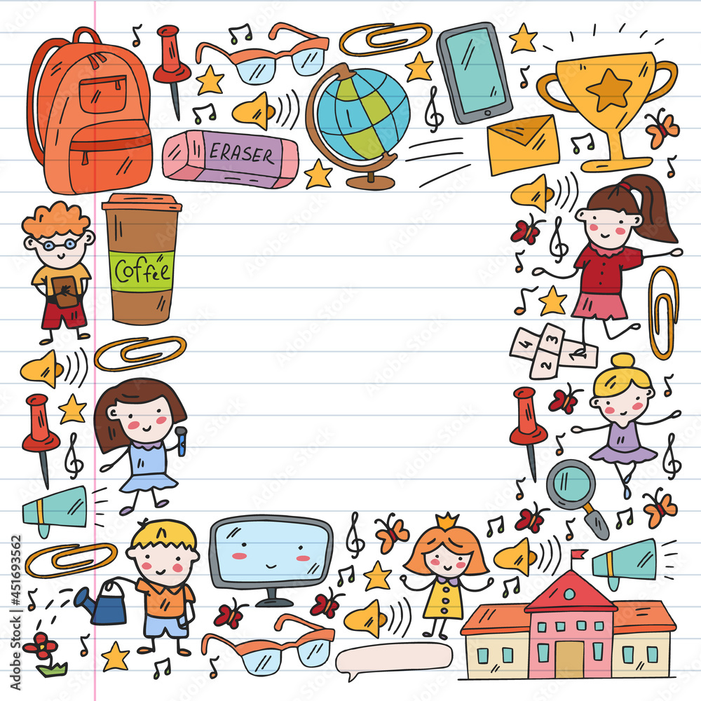 Naklejka premium Vector pattern. School and online education. Little boys and girls play and grow together. Online education.