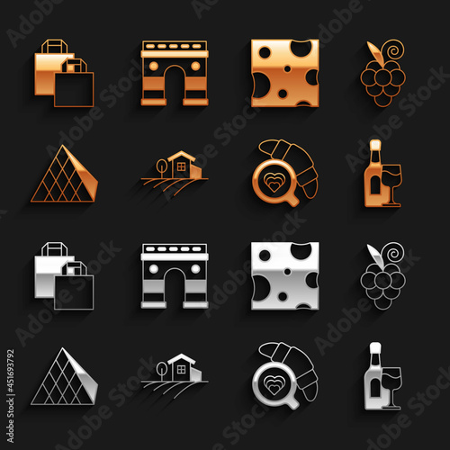 Set Village landscape, Grape fruit, Wine bottle with glass, Coffee cup croissant, Louvre pyramid, Cheese, Paper shopping bag and Triumphal Arch icon. Vector