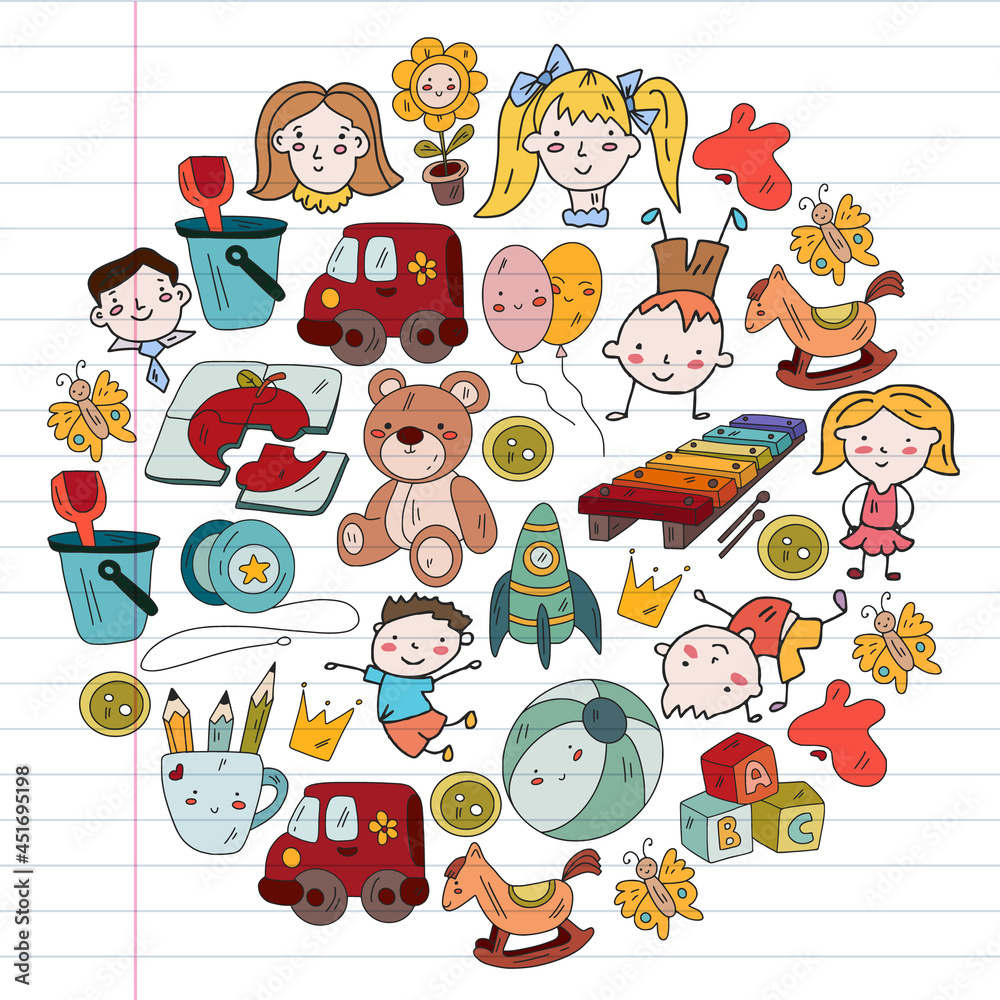 School, kindergarten with cute vector children. Dancing, singing, painting, online education. Creativity and imagination.