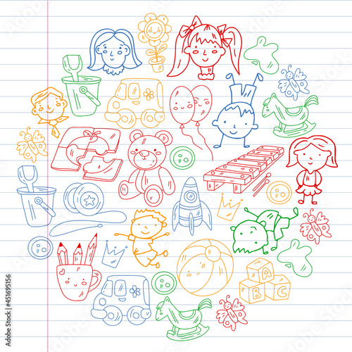 School, kindergarten with cute vector children. Dancing, singing, painting, online education. Creativity and imagination.