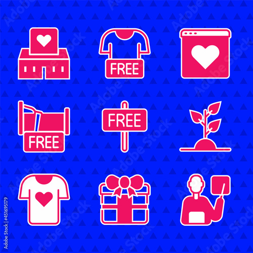 Set Free sign, Gift box, Teacher, Volunteer team planting trees, Clothes donation, overnight stay house, Dating app online and center icon. Vector
