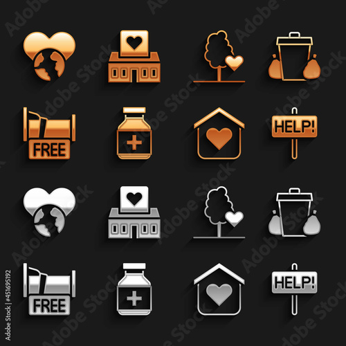 Set Medicine bottle and pills, Trash can, Help sign, Shelter for homeless, Free overnight stay house, Volunteer team planting trees, The heart world - love and center icon. Vector