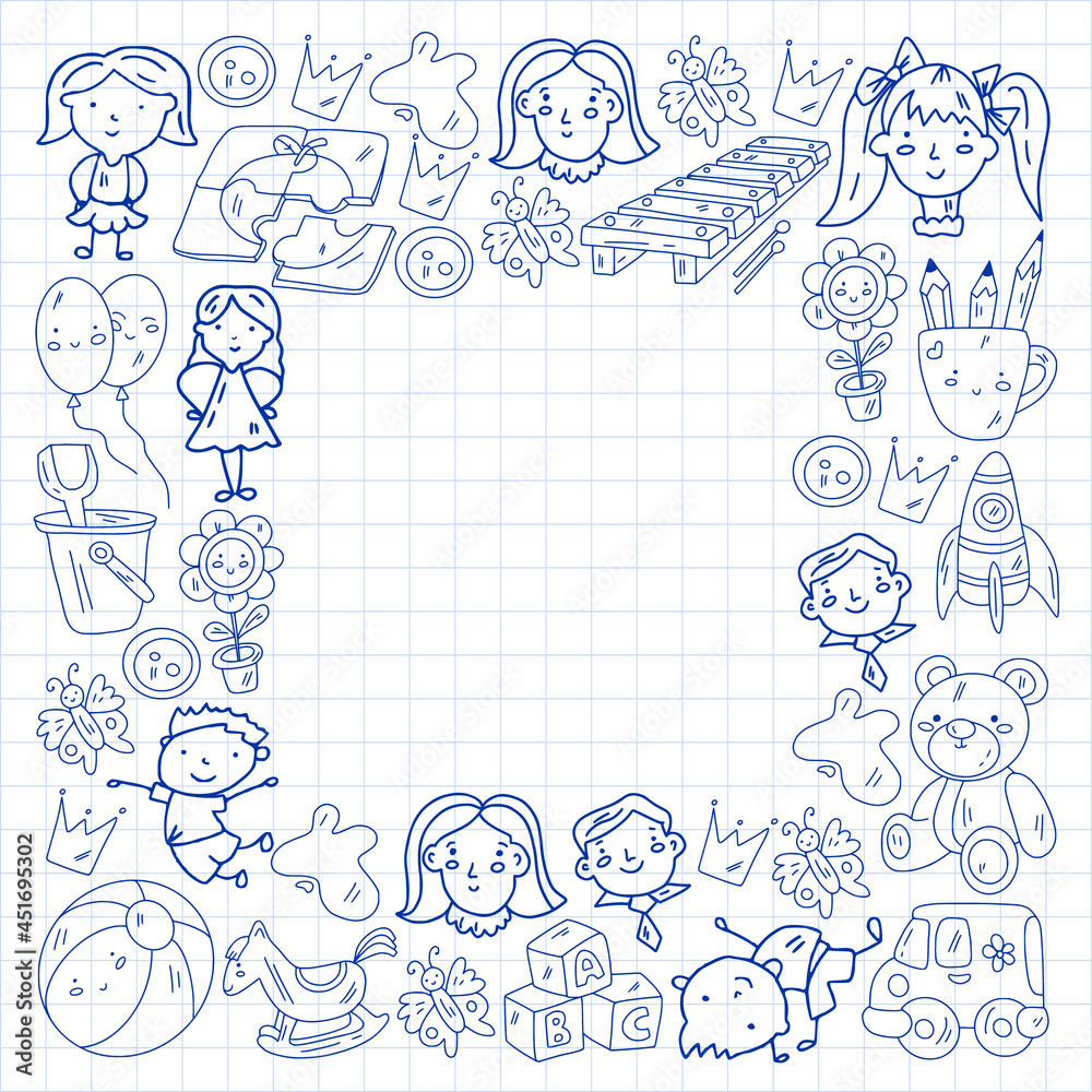 Fototapeta premium School, kindergarten with cute vector children. Dancing, singing, painting, online education. Creativity and imagination.