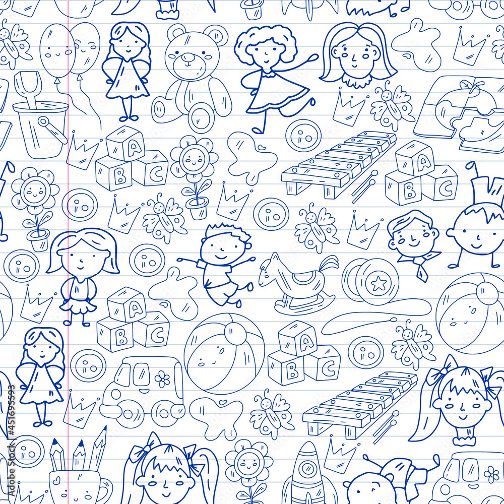 Fototapeta premium School, kindergarten with cute vector children. Dancing, singing, painting, online education. Creativity and imagination.