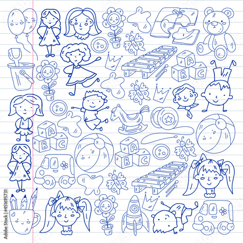School, kindergarten with cute vector children. Dancing, singing, painting, online education. Creativity and imagination.