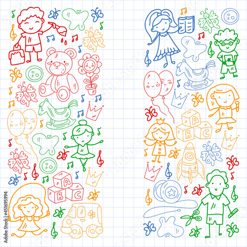 School, kindergarten with cute vector children. Dancing, singing, painting, online education. Creativity and imagination.