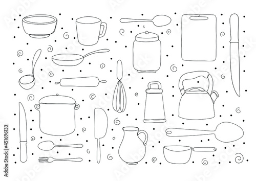 Continuous line drawing set of clean plate, spoon, fork, pot, pan, jug, cutting board, and knife. One line art concept for restaurant and cafe. Vector illustration isolated on white background. 