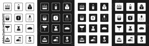 Set Donation for church, Online pastor preaching, Basket with easter eggs, Burning candle candlestick, Priest, Holy water bottle, Bread loaf and Christian cross chain icon. Vector