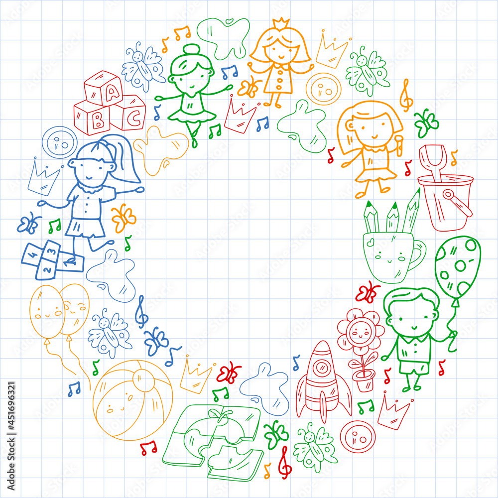 Vector pattern. Kindergarten and toys. Little children game. Kids playground. Education, creativity, imagination. Vector pattern. Kindergarten and toys. Little children game. Kids playground. Education, creativity, imagination.