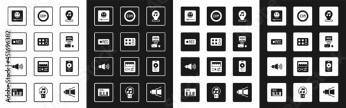 Set Music note, tone, Drum machine, Record button, player, recording studio, EDM electronic dance music, and Speaker volume icon. Vector