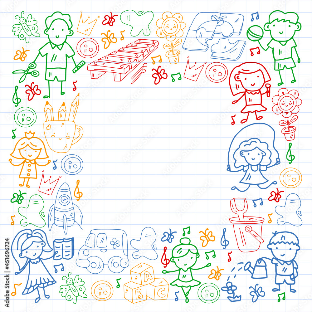Vector pattern. Kindergarten and toys. Little children game. Kids playground. Education, creativity, imagination.