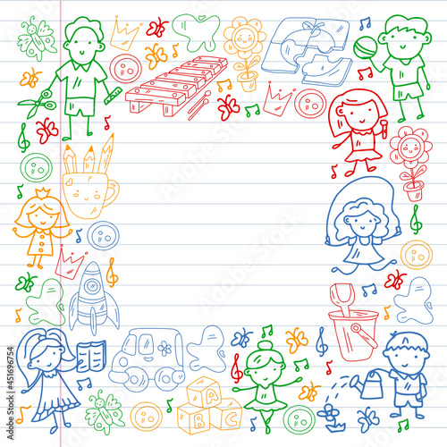 Vector pattern. Kindergarten and toys. Little children game. Kids playground. Education, creativity, imagination.