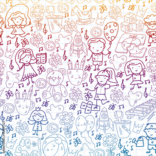 Vector pattern. Kindergarten and toys. Little children game. Kids playground. Education, creativity, imagination.