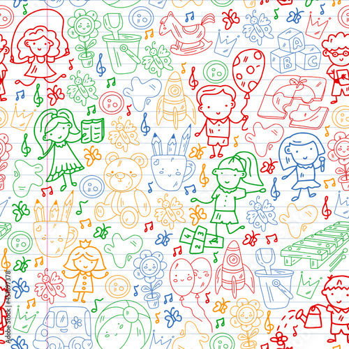 Vector pattern. Kindergarten and toys. Little children game. Kids playground. Education, creativity, imagination.