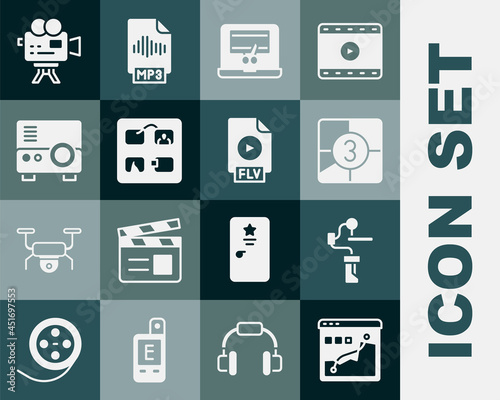 Set Histogram graph photography, Gimbal stabilizer for camera, Old film movie countdown frame, Video recorder on laptop, Storyboard, Media projector, Retro cinema and FLV file document icon. Vector