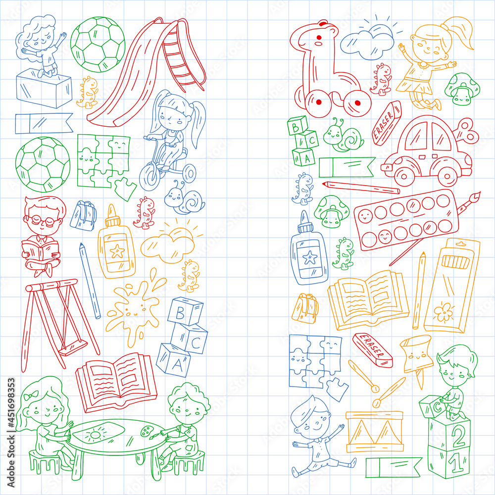 Children play with toys in the kindergarten. Kids playground. Education, creativity, imagination.