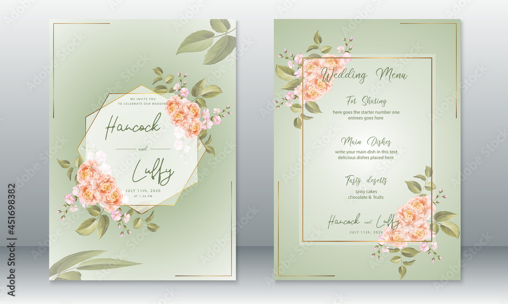  Luxury wedding invitation card with golden frame and rose bouquet