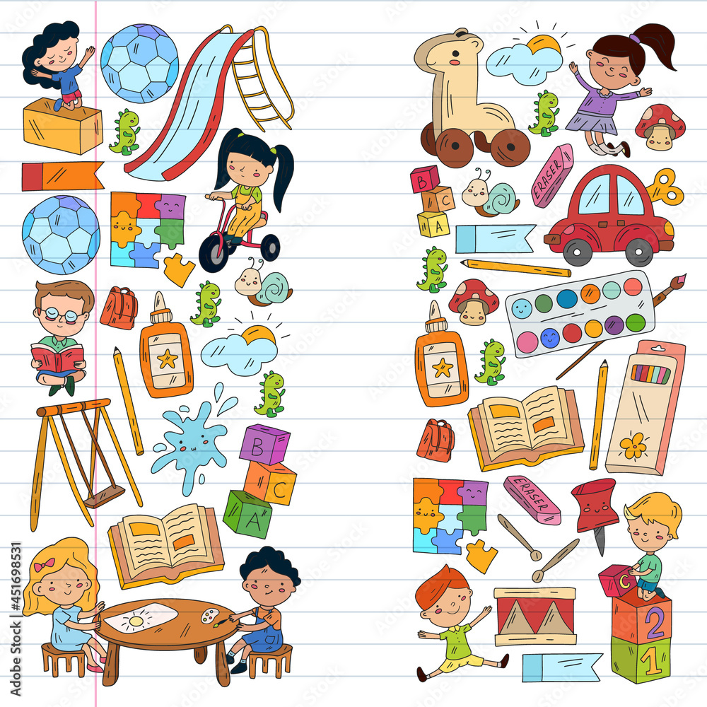 Children play with toys in the kindergarten. Kids playground. Education, creativity, imagination. Children play with toys in the kindergarten. Kids playground. Education, creativity, imagination.