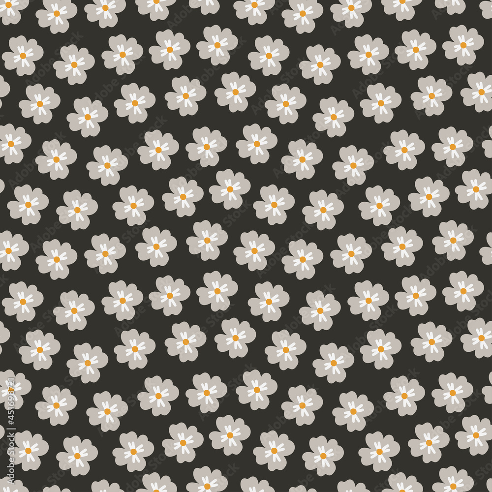 cute vector seamless pattern with cartoon flowers. it can be used as wallpaper, poster, print for clothing, fabric, textiles, notebooks, packaging paper. floral brown background.