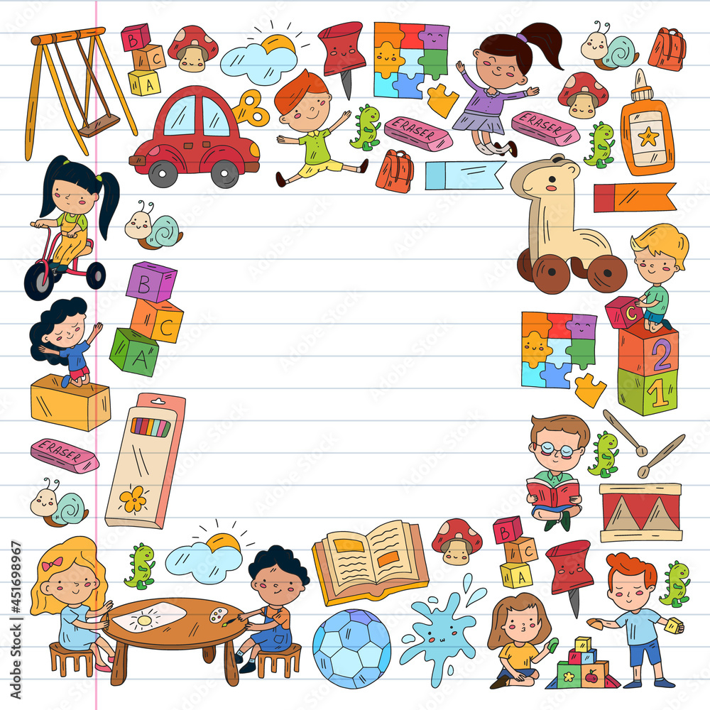 Children play with toys in the kindergarten. Kids playground. Education, creativity, imagination. Children play with toys in the kindergarten. Kids playground. Education, creativity, imagination.