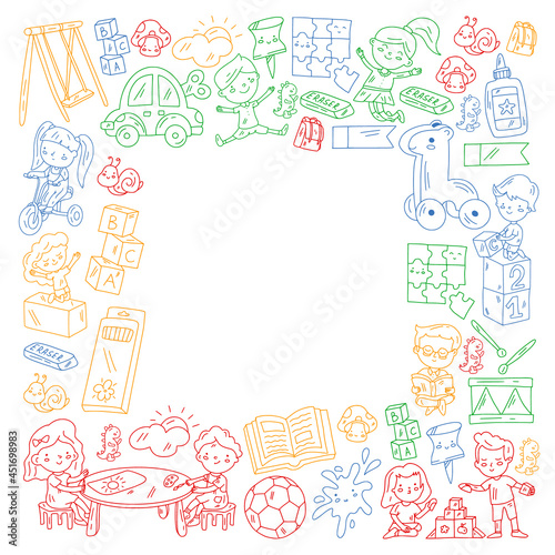 Children play with toys in the kindergarten. Kids playground. Education, creativity, imagination.