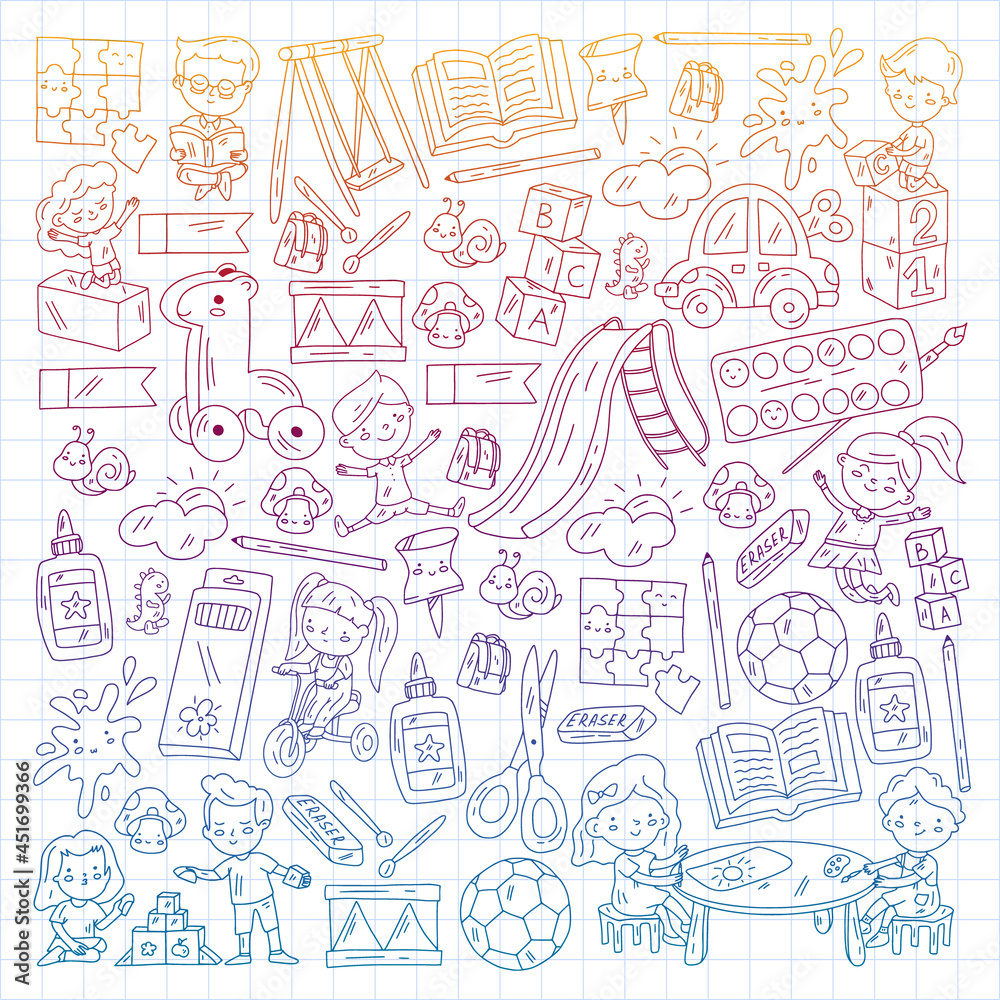 Children play with toys in the kindergarten. Kids playground. Education, creativity, imagination. Children play with toys in the kindergarten. Kids playground. Education, creativity, imagination.